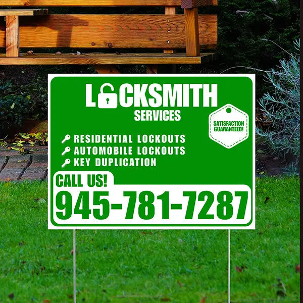 Locksmith Services - Residential Lockouts, Automobile Lockouts, Key Duplication - Plain White Green Design YardSigns.com