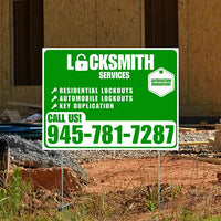 Locksmith Services - Residential Lockouts, Automobile Lockouts, Key Duplication - Plain White Green Design YardSigns.com
