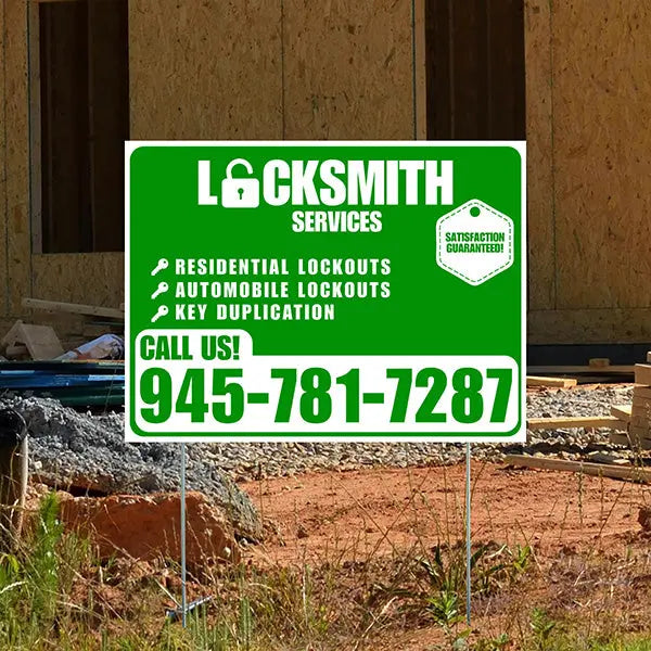 Locksmith Services - Residential Lockouts, Automobile Lockouts, Key Duplication - Plain White Green Design YardSigns.com