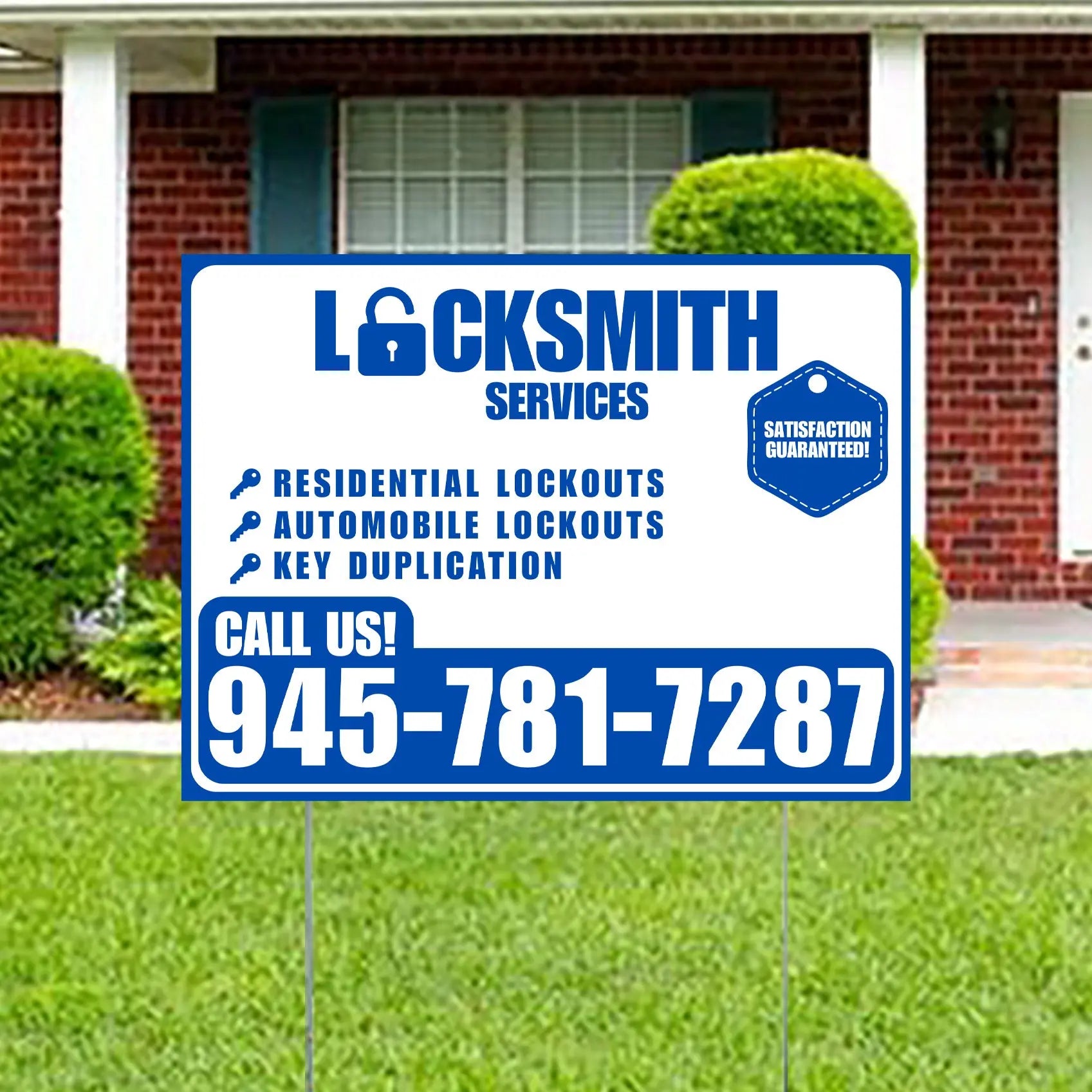 Locksmith Services - Residential Lockouts, Automobile Lockouts, Key Duplication - Plain Blue White Design YardSigns.com