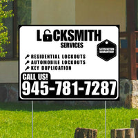 Locksmith Services - Residential Lockouts, Automobile Lockouts, Key Duplication - Plain Black White Design YardSigns.com