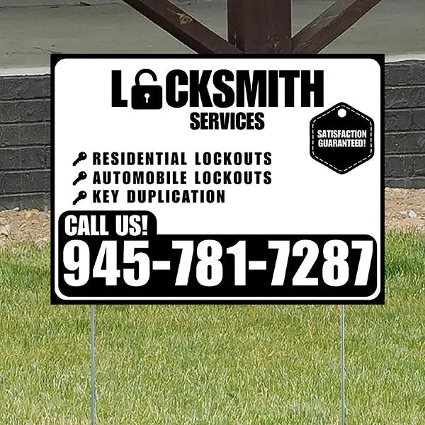 Locksmith Services - Residential Lockouts, Automobile Lockouts, Key Duplication - Plain Black White Design YardSigns.com