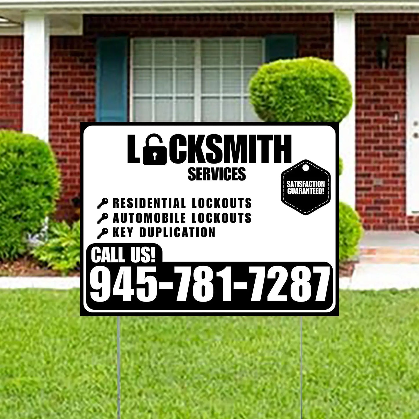 Locksmith Services - Residential Lockouts, Automobile Lockouts, Key Duplication - Plain Black White Design YardSigns.com