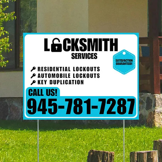 Locksmith Services - Residential Lockouts, Automobile Lockouts, Key Duplication - Plain Aqua Blue White Design YardSigns.com