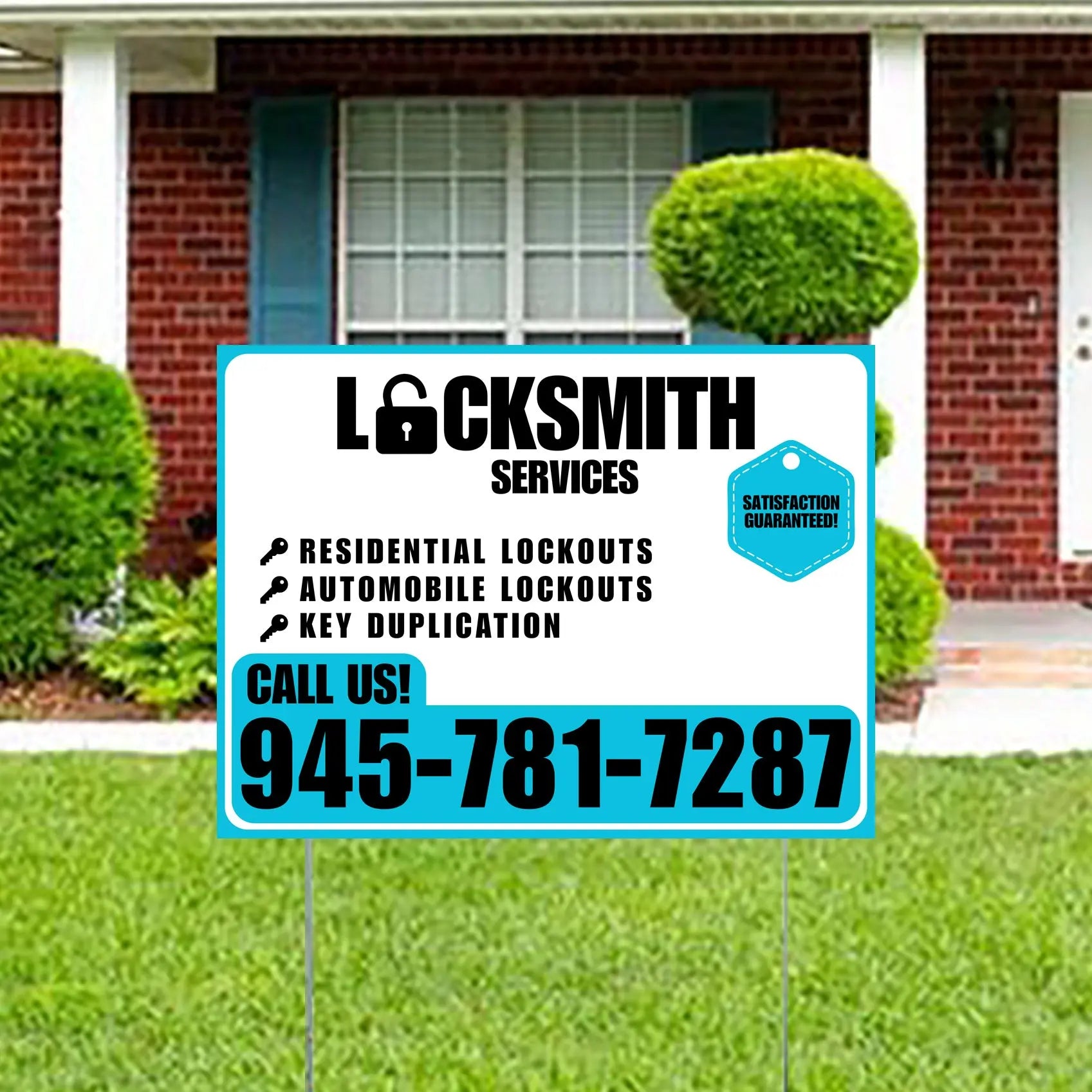 Locksmith Services - Residential Lockouts, Automobile Lockouts, Key Duplication - Plain Aqua Blue White Design YardSigns.com