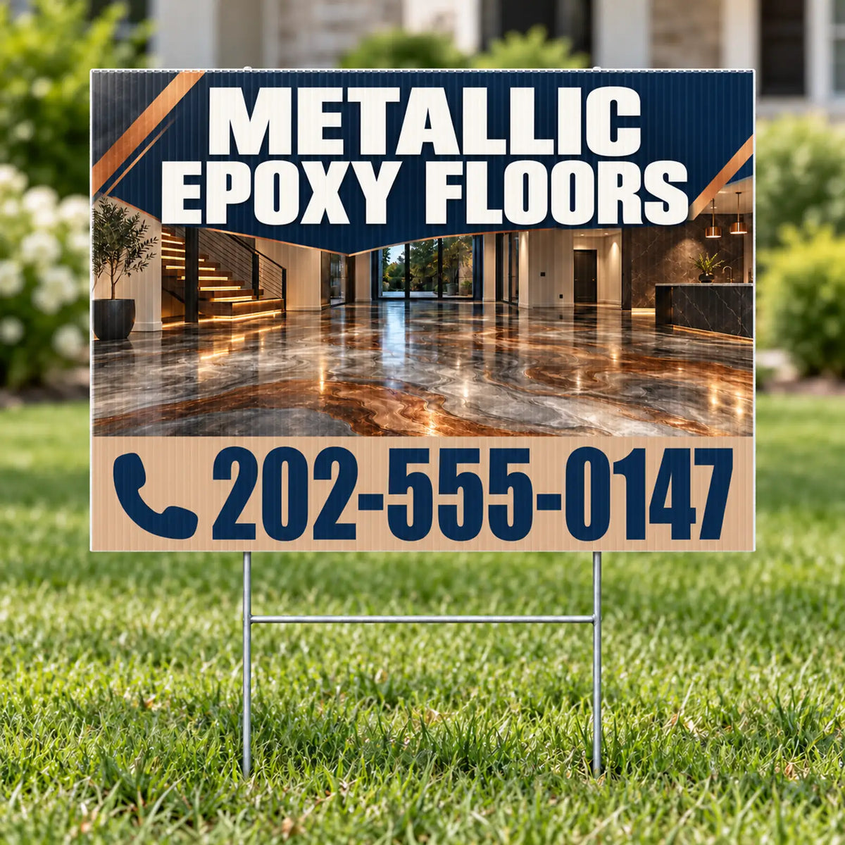 A rectangular yard sign displayed on a metal stand in a grassy lawn. The sign features a printed design with the text 'METALLIC EPOXY FLOORS' in large white letters on a dark blue background, a photo of a polished interior floor, and a phone number '202-555-0147' on a beige section at the bottom.