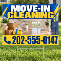 Cleaners/Maids Signs - Move-In Cleaning Yard Sign - Royal Blue & Yellow - 24 x 18 YardSigns.com