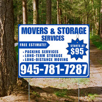 Moving & Storage Services - Long-Distance Moving, Packing Services, Long-Term Storage with Price Tag - Plain Blue White Design YardSigns.com