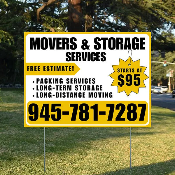 Moving & Storage Services - Long-Distance Moving, Packing Services, Long-Term Storage with Price Tag - Plain Mustard Gold White Design YardSigns.com