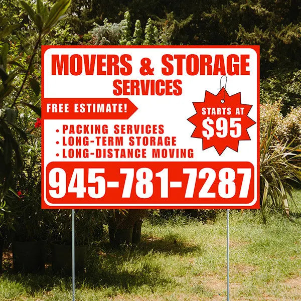Moving & Storage Services - Long-Distance Moving, Packing Services, Long-Term Storage with Price Tag - Plain Chili Red White Design YardSigns.com