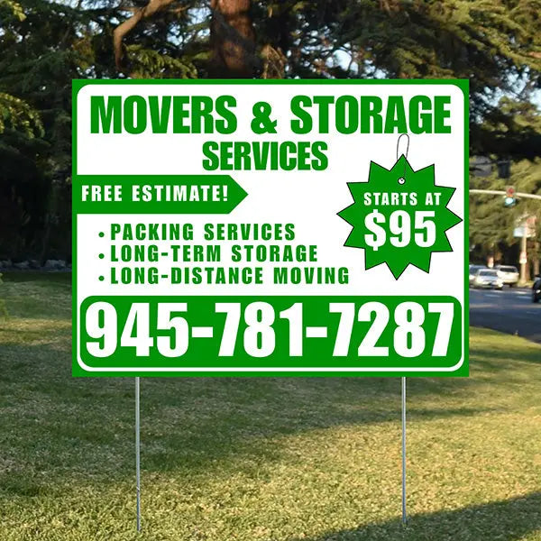 Moving & Storage Services - Long-Distance Moving, Packing Services, Long-Term Storage with Price Tag - Plain Green White Design YardSigns.com