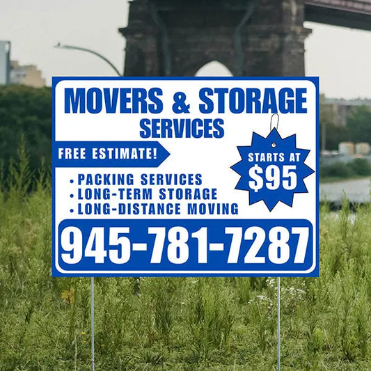 Moving & Storage Services - Long-Distance Moving, Packing Services, Long-Term Storage with Price Tag - Plain Blue White Design YardSigns.com