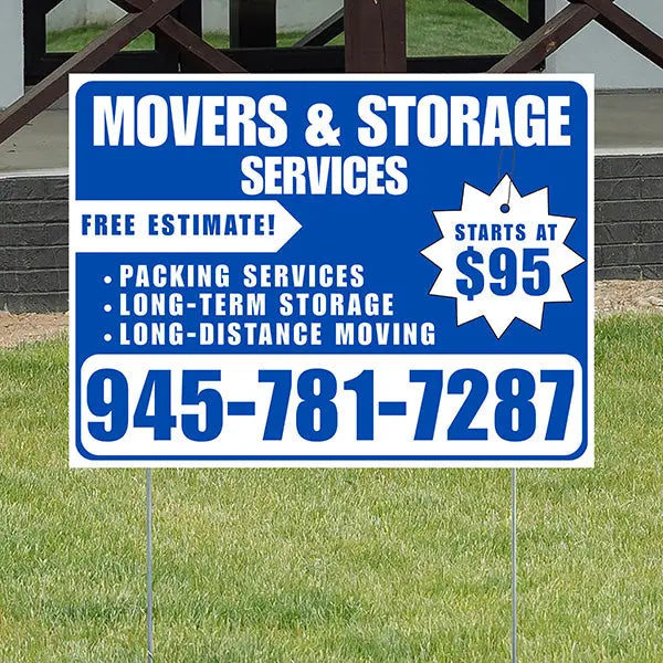Moving & Storage Services - Long-Distance Moving, Packing Services, Long-Term Storage with Price Tag - Plain White Blue Design YardSigns.com