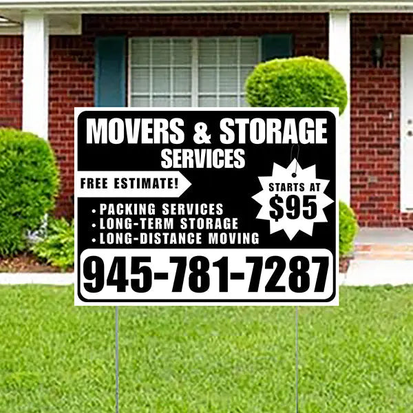 Moving & Storage Services - Long-Distance Moving, Packing Services, Long-Term Storage with Price Tag - Plain White Black Design YardSigns.com