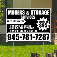 Moving & Storage Services - Long-Distance Moving, Packing Services, Long-Term Storage with Price Tag - Plain White Black Design YardSigns.com