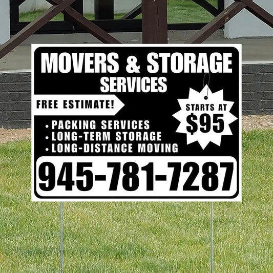 Moving & Storage Services - Long-Distance Moving, Packing Services, Long-Term Storage with Price Tag - Plain White Black Design YardSigns.com