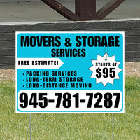 Moving & Storage Services - Long-Distance Moving, Packing Services, Long-Term Storage with Price Tag - Plain White Aqua Blue Design YardSigns.com