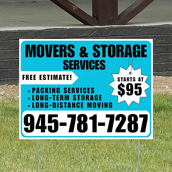 Moving & Storage Services - Long-Distance Moving, Packing Services, Long-Term Storage with Price Tag - Plain White Aqua Blue Design YardSigns.com