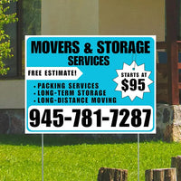 Moving & Storage Services - Long-Distance Moving, Packing Services, Long-Term Storage with Price Tag - Plain White Aqua Blue Design YardSigns.com
