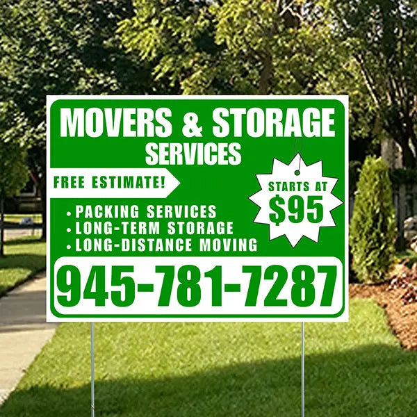 Moving & Storage Services - Long-Distance Moving, Packing Services, Long-Term Storage with Price Tag - Plain White Green Design YardSigns.com