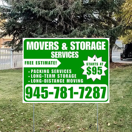 Moving & Storage Services - Long-Distance Moving, Packing Services, Long-Term Storage with Price Tag - Plain White Green Design YardSigns.com