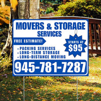Moving & Storage Services - Long-Distance Moving, Packing Services, Long-Term Storage with Price Tag - Plain Blue White Design YardSigns.com