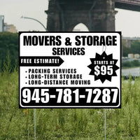 Moving & Storage Services - Long-Distance Moving, Packing Services, Long-Term Storage with Price Tag - Plain Black White Design YardSigns.com