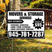 Moving & Storage Services - Long-Distance Moving, Packing Services, Long-Term Storage with Price Tag - Plain Black White Design YardSigns.com