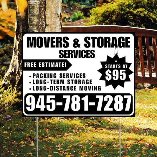 Moving & Storage Services - Long-Distance Moving, Packing Services, Long-Term Storage with Price Tag - Plain Black White Design YardSigns.com