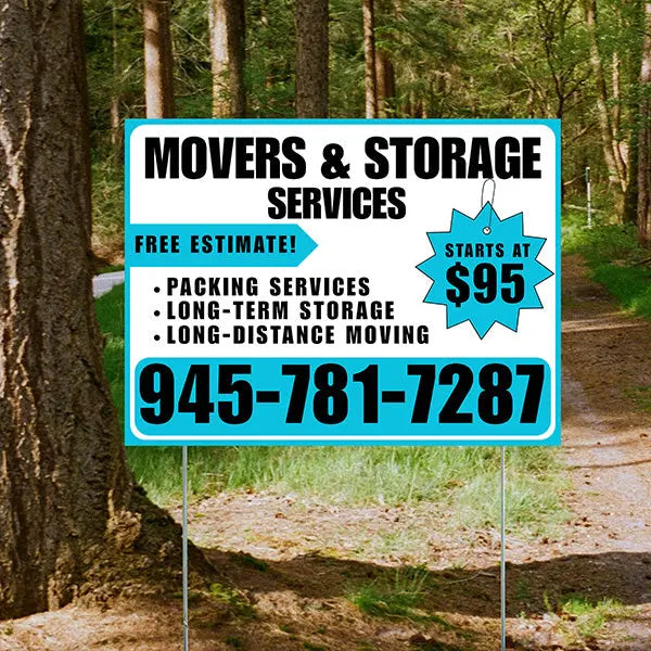 Moving & Storage Services - Long-Distance Moving, Packing Services, Long-Term Storage with Price Tag - Plain Aqua Blue White Design YardSigns.com