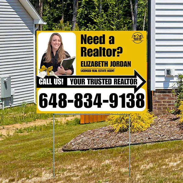 Realtor Yard Signs - Simple Mustard Yellow White Right Arrow with Image and Logo Design YardSigns.com