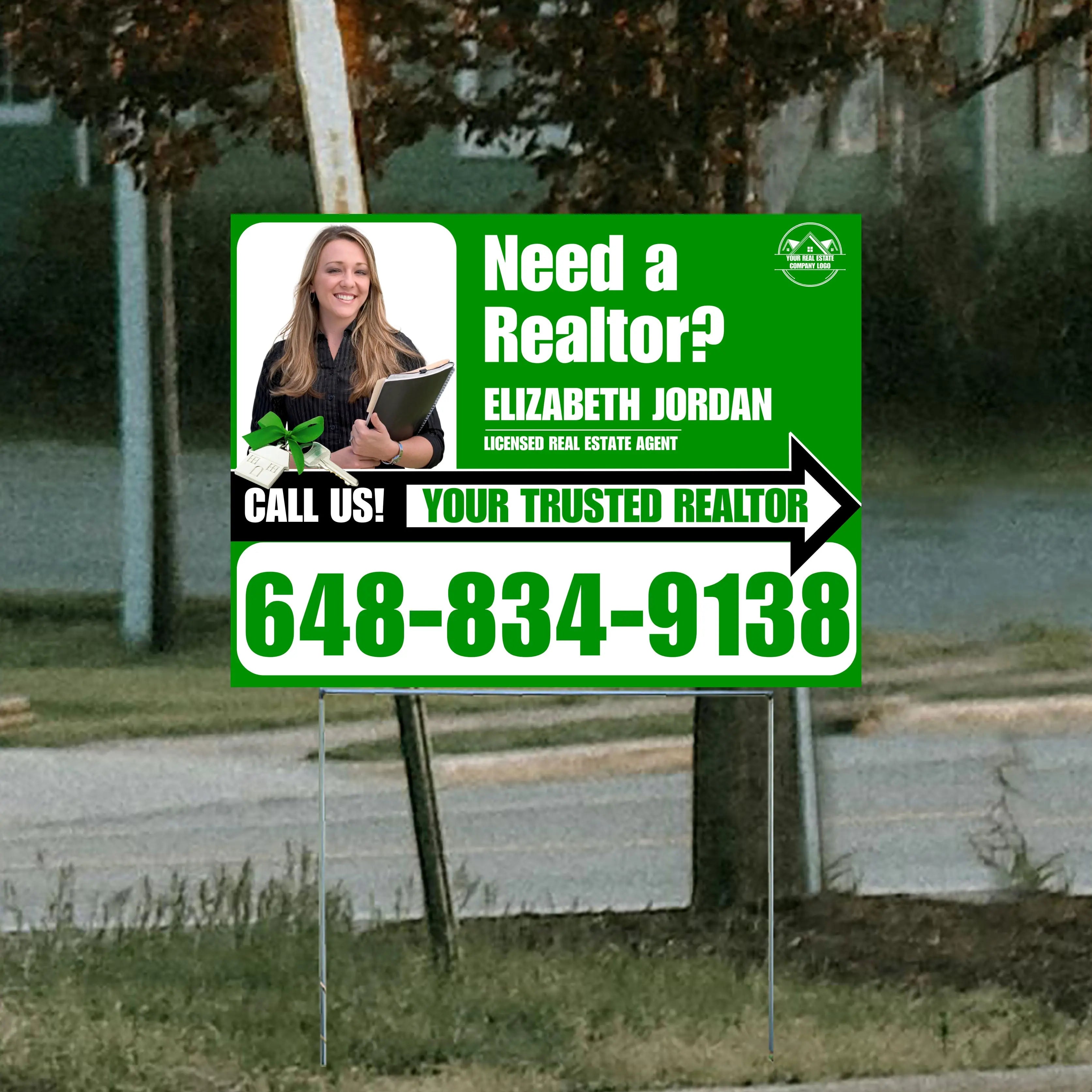 Realtor Yard Signs - Need a Realtor? - Green White Right Arrow with Image and Logo Design YardSigns.com