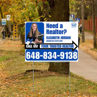 Realtor Yard Signs - Need a Realtor? - White Blue Right Arrow with Image and Logo Design YardSigns.com