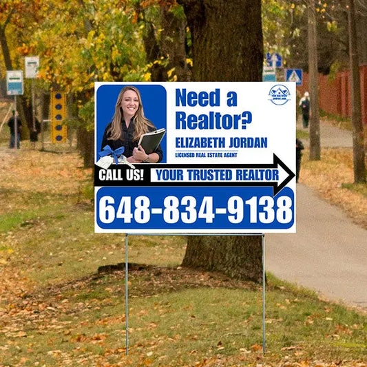 Realtor Yard Signs - Need a Realtor? - White Blue Right Arrow with Image and Logo Design YardSigns.com