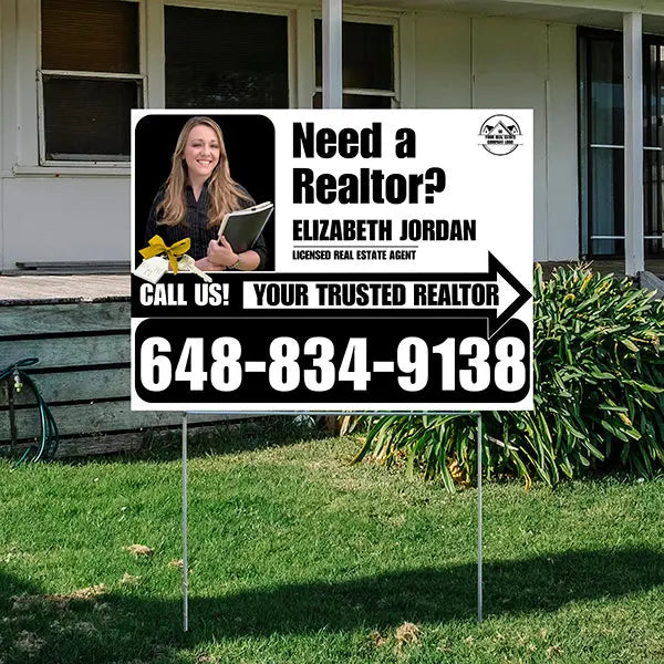 Realtor Yard Signs - Need a Realtor? - White Black Right Arrow with Image and Logo Design YardSigns.com