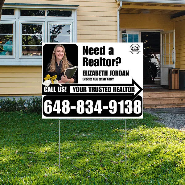 Realtor Yard Signs - Need a Realtor? - White Black Right Arrow with Image and Logo Design YardSigns.com