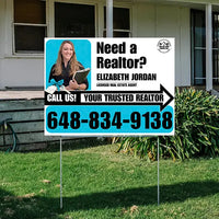 Realtor Yard Signs - Need a Realtor? - White Aqua Blue Right Arrow with Image and Logo Design YardSigns.com
