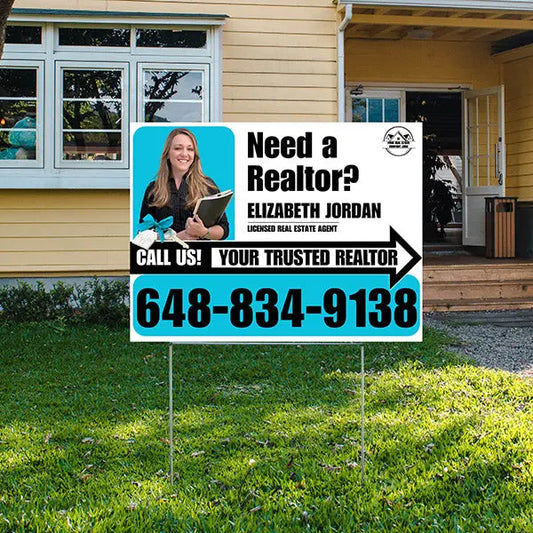 Realtor Yard Signs - Simple White Aqua Blue Right Arrow with Image and Logo Design YardSigns.com
