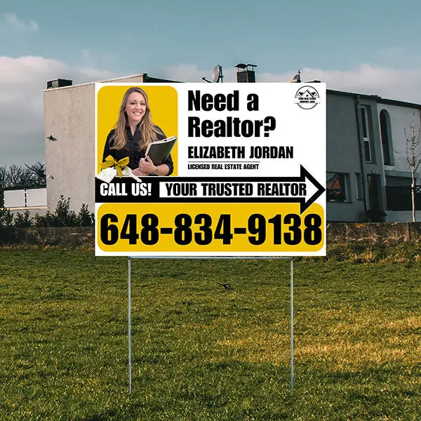 Realtor Yard Signs - Need a Realtor? - White Mustard Yellow Right Arrow with Image and Logo Design YardSigns.com