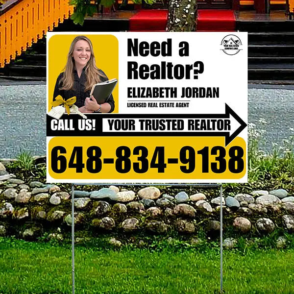 Realtor Yard Signs - Need a Realtor? - White Mustard Yellow Right Arrow with Image and Logo Design YardSigns.com