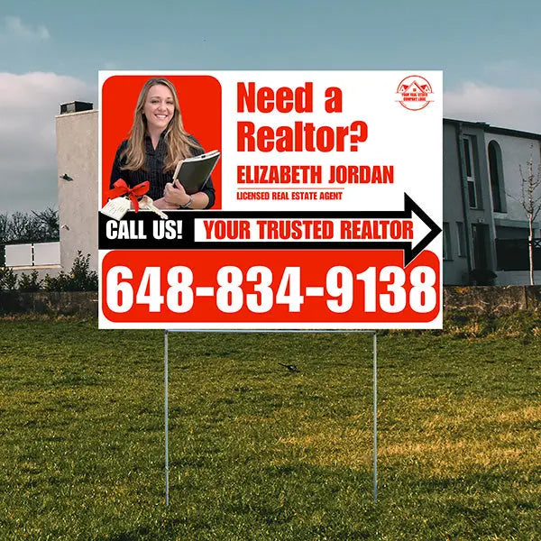 Realtor Yard Signs - Simple White Red Right Arrow with Image and Logo Design YardSigns.com