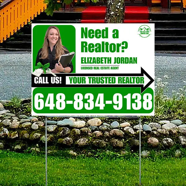Realtor Yard Signs - Simple White Green Right Arrow with Image and Logo Design YardSigns.com