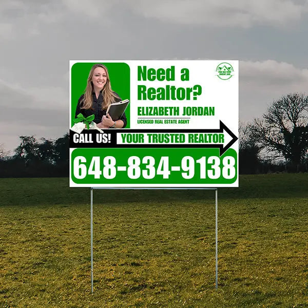 Realtor Yard Signs - Need a Realtor? - White Green Right Arrow with Image and Logo Design YardSigns.com
