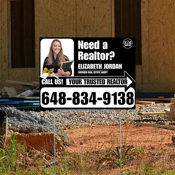 Realtor Yard Signs - Simple Black White Right Arrow with Image and Logo Design YardSigns.com