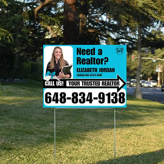 Realtor Yard Signs - Need a Realtor? - Aqua Blue White Right Arrow with Image and Logo Design YardSigns.com
