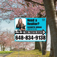 Realtor Yard Signs - Simple Aqua Blue White Right Arrow with Image and Logo Design YardSigns.com