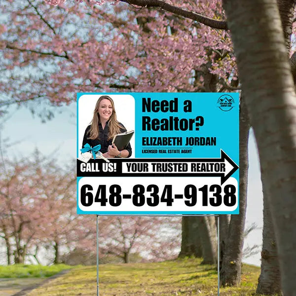 Realtor Yard Signs - Need a Realtor? - Aqua Blue White Right Arrow with Image and Logo Design YardSigns.com