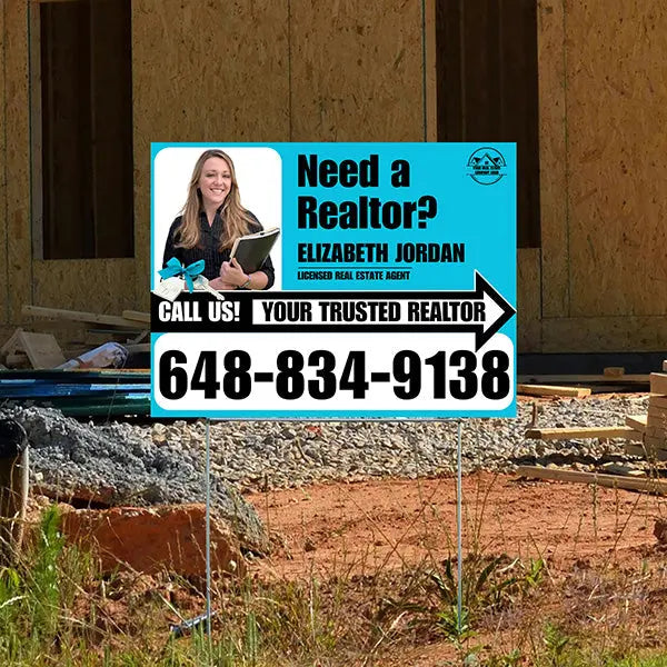 Realtor Yard Signs - Simple Aqua Blue White Right Arrow with Image and Logo Design YardSigns.com