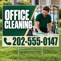 Cleaners/Maids Signs - Office Cleaning Yard Sign with Cleaner - Forest Green & Champagne - 24 x 18 YardSigns.com