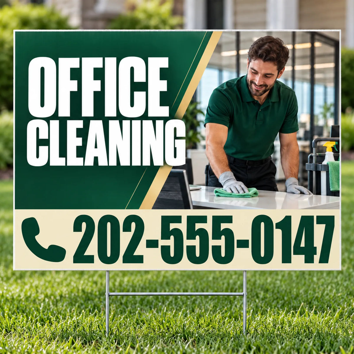 Cleaners/Maids Signs - Office Cleaning Yard Sign with Cleaner - Forest Green & Champagne - 24 x 18 YardSigns.com